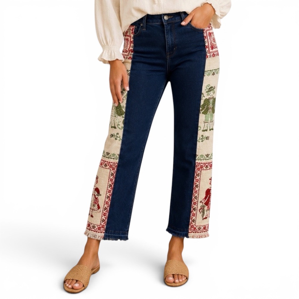 Handcrafted Sz 20 Tapestry Side Panel Denim Jeans Dark Wash Frayed Hem Folk Art